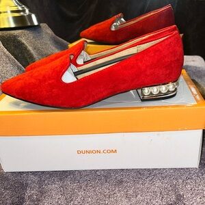 Red Suede Loafers with Pearl Heel
